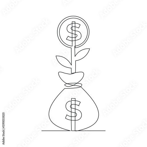 Continuous single line of money bag coin dollar green leaf plant seeds economy business growth investment sketch drawing editable stroke vector illustration
