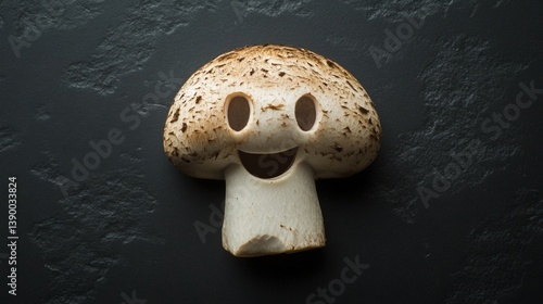 Smiling mushroom face carving on dark slate background