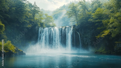 Tranquil waterfall nature scene