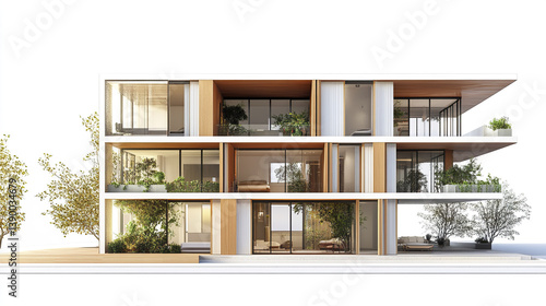 Modern apartment building with large windows and balconies, surrounded by trees