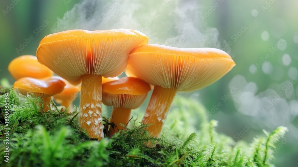 Close-up of orange mushrooms steaming in lush green forest setting Close-up of orange mushrooms steaming in lush green forest setting