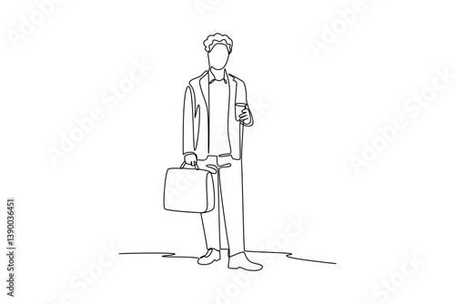 Single continuous line drawing of business man coming home while drinking coffee. work minimalist concept. Back home after work illustration.