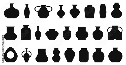 Set of black vase silhouette on a white background. Vector illustration