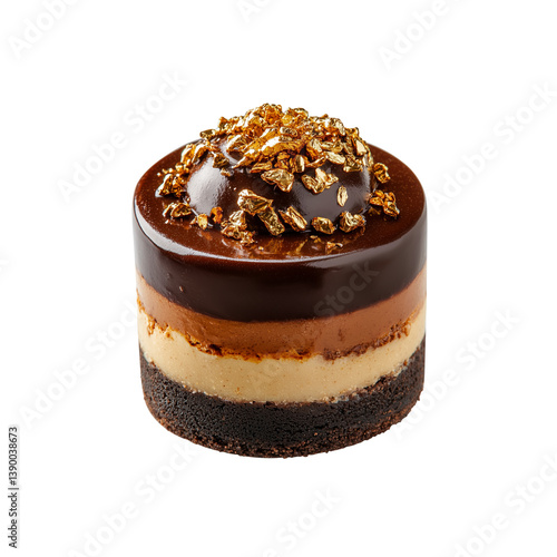 A beautifully layered dessert featuring chocolate, caramel, and a crunchy topping, elegantly presented in a round shape.