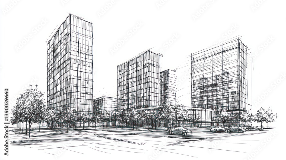 Fototapeta premium Architectural sketch of city buildings (1)