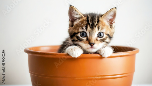 Cat in a pot. Adorable baby kitten sitting in a flowerpot in abstract background with warm atmosphere.