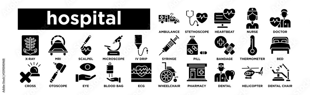Fototapeta premium hospital icon set. Editable Stroke Icon Collection. Ambulance, Stethoscope, Heartbeat, Nurse, Doctor