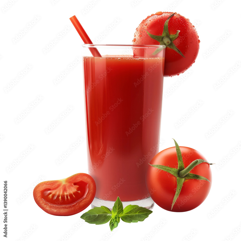 Refreshing glass of tomato juice with tomatoes and basil leaves. Refreshing glass of tomato juice with tomatoes and basil leaves.