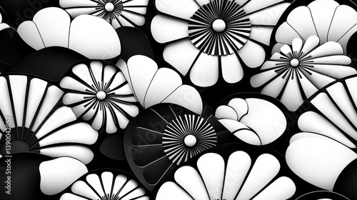 Seamless pattern of black and white flowers creates stunning visual effect that captivates viewer attention