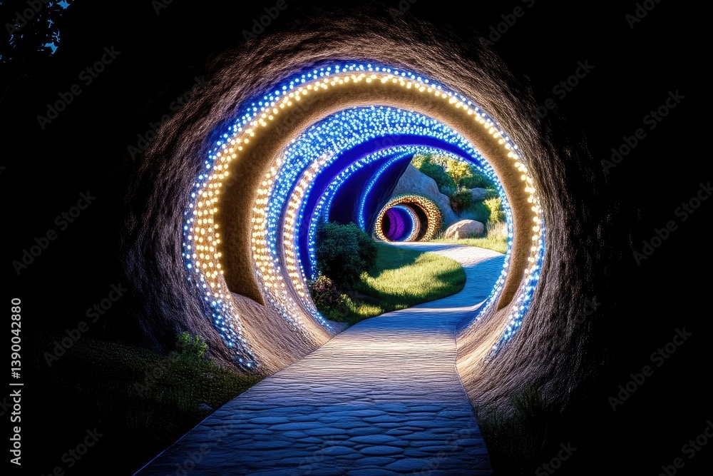 Illuminated tunnel pathway through a landscaped garden