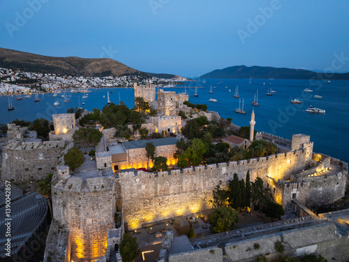 Fototapeta Naklejka Na Ścianę i Meble -  Bodrum Castle nd City Drone Photo, Bodrum Beach and Marina, Bodrum Mugla, Turkiye (Turkey)