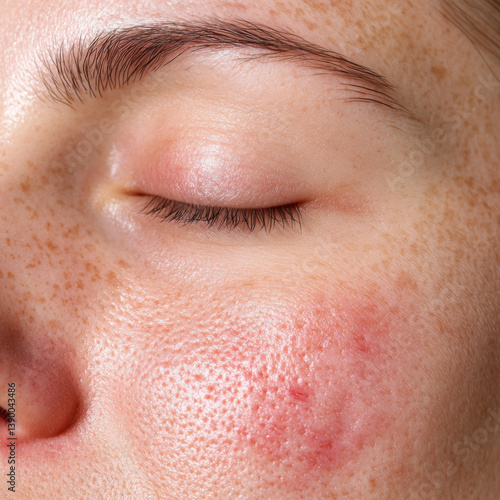 Rosacea on face shows redness and visible pores, highlighting skin texture and imperfections. close up captures emotional impact of skin conditions