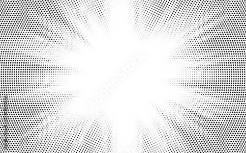Halftone gradient sun rays pattern. Abstract halftone vector dots background. monochrome dots pattern. Vector background in comic book style with sunburst rays and halftone. Retro pop art design.