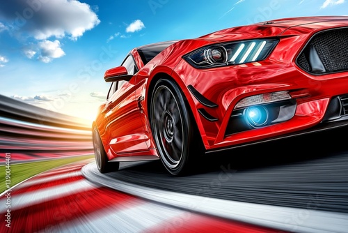 Dynamic red sports car racing on a track, sleek design, high speed, excitement and adrenaline, vibrant sunset background.