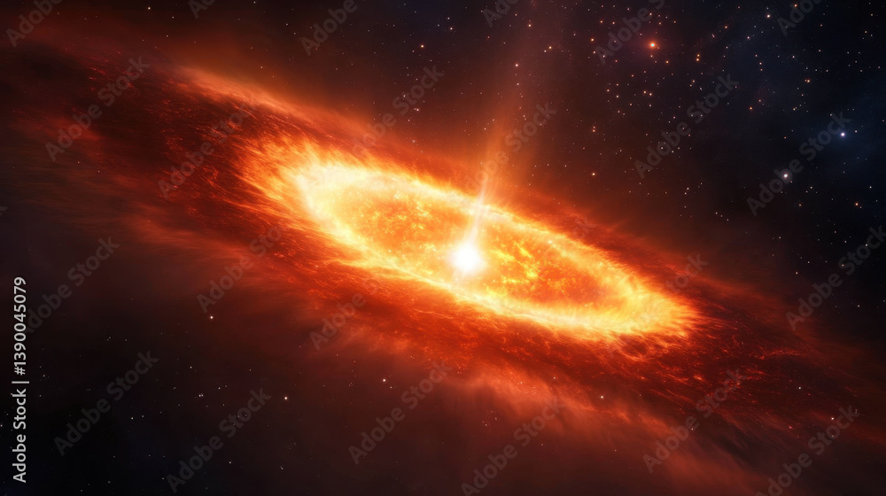 Obraz premium stunning cosmic scene featuring vibrant, glowing galaxy with central bright star surrounded by swirling gas and dust. colors evoke sense of wonder and mystery in vastness of space