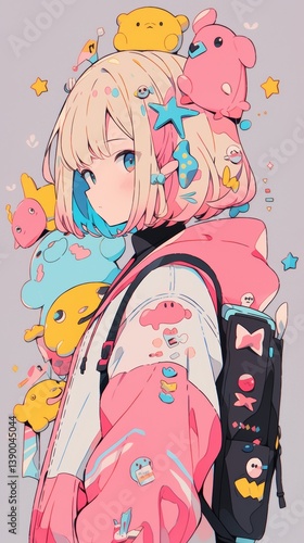 Wallpaper Mural Adorable Anime Girl with Pastel Backpack and Cute Plushies Torontodigital.ca