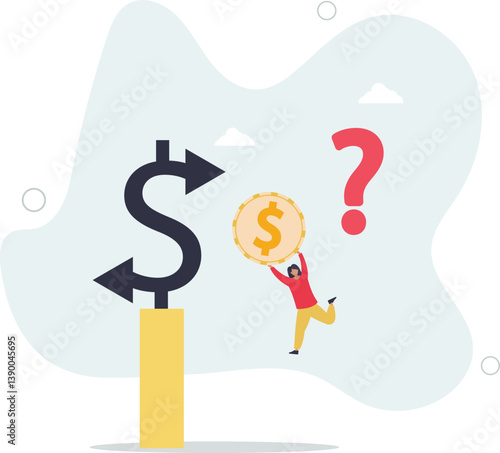 Money decision, investment choice or option to make profit, buy or rent, pay off debt or invest, select best earning asset.flat character life .