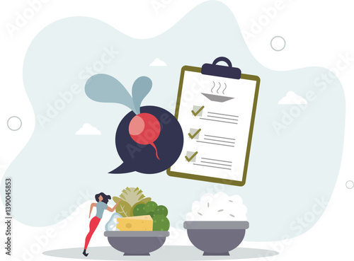 Meal planning as plan for effective food preparation.Healthy eating with balanced vegetables, meat and vitamins intake for weight loss.flat character life .