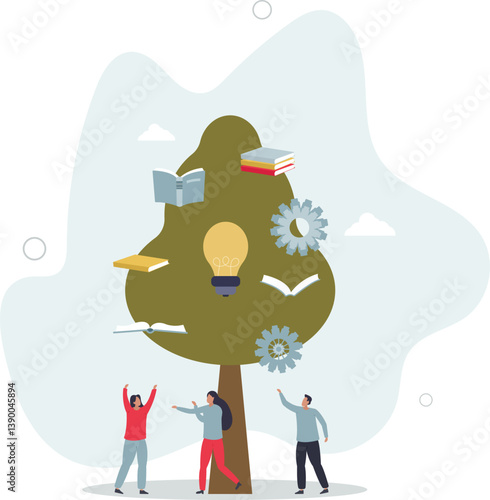 Education and access to resources and book literature.Library as growing knowledge tree for learning, training and personal development.flat character life .