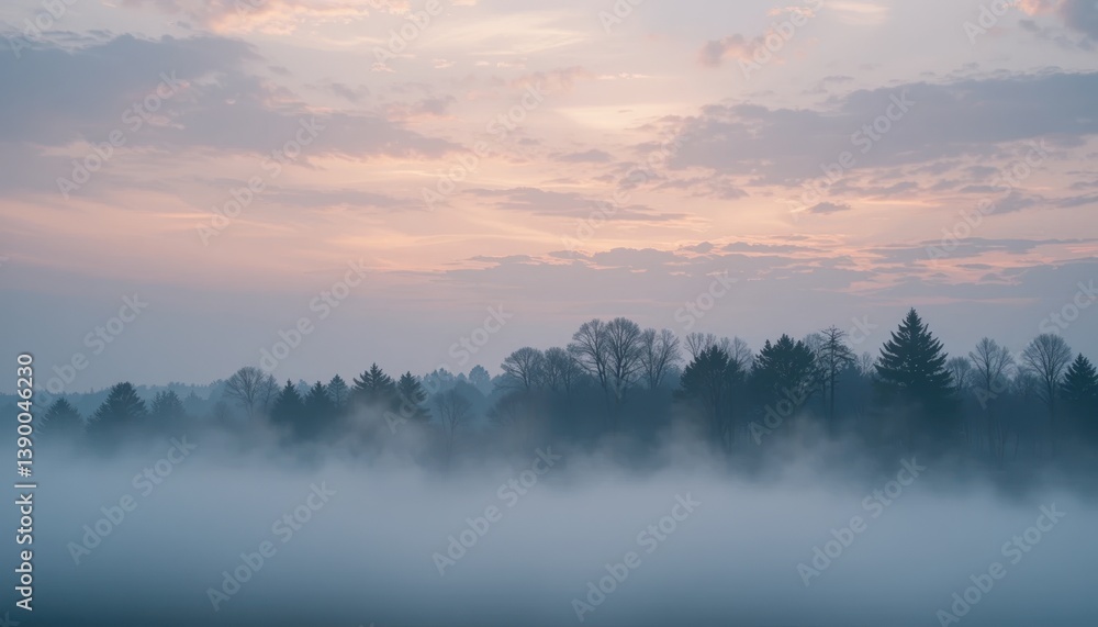 Fototapeta premium Serene morning fog over lush forest landscape calm natural setting tranquil environment atmospheric viewpoint for nature lovers