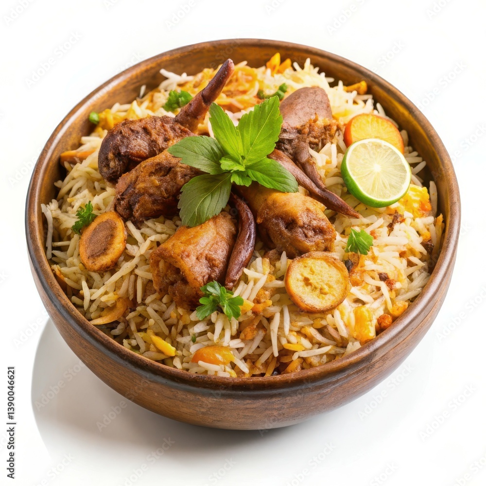Aromatic Chicken Biryani in Wooden Bowl vibrant spices close up view Aromatic Chicken Biryani in Wooden Bowl vibrant spices close up view