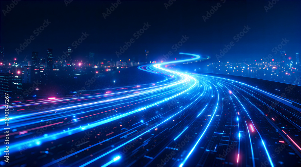 Fototapeta premium Futuristic City Road Network at Night, showcasing digital connectivity.