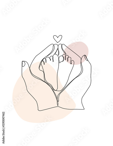 Continuous Drawing of Mother's Hand and baby feet with one line vector art. Baby newborn feet and hand line art with heart shaped poster.