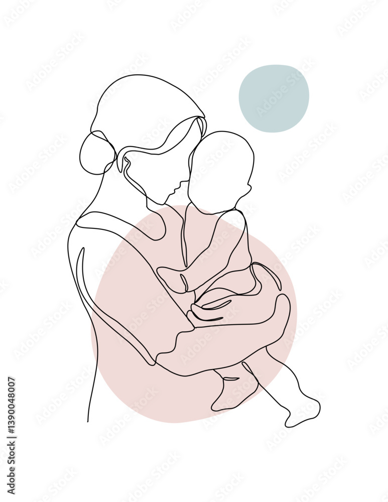 Mother and baby continuous line art vector illustration, mothers day celebration background. A mom hug the baby one line art poster. Mother and baby continuous line art vector illustration, mothers day celebration background. A mom hug the baby one line art poster.