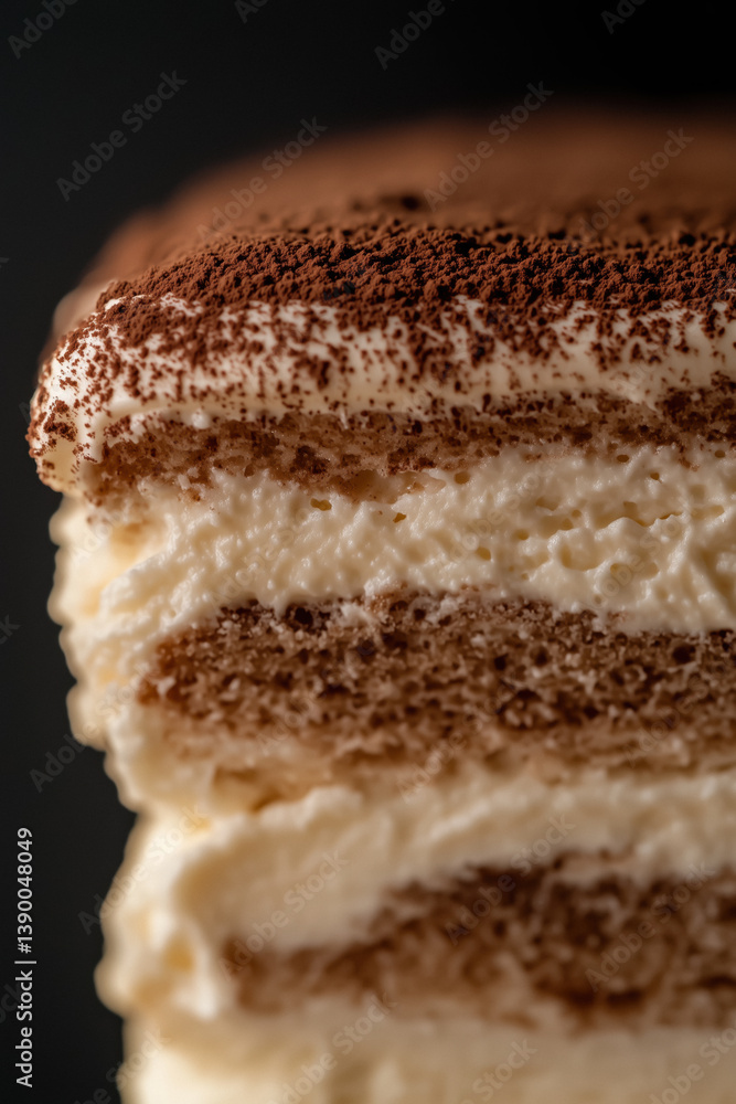 Close-up of a layered tiramisu dessert with coffee-soaked ladyfingers, creamy mascarpone, and a dusting of cocoa powder.