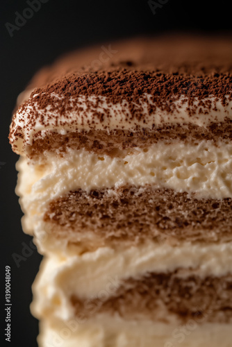 Obraz na płótnie Close-up of a layered tiramisu dessert with coffee-soaked ladyfingers, creamy mascarpone, and a dusting of cocoa powder. w salonie