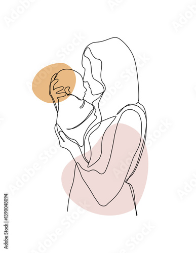 Mother and baby continuous line art vector illustration, mothers day celebration background. A mom hug the baby one line art poster.