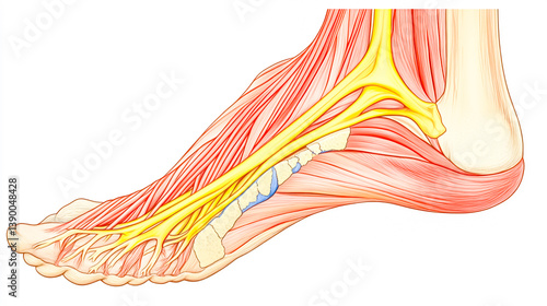 Anatomical diagram of plantar fasciitis, illustrating inflammation, microtears of the plantar fascia, and associated heel pain, highlighting common symptoms and affected areas