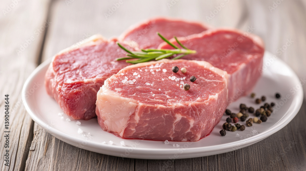 Fresh meat cuts displayed on white plate, garnished with rosemary and sprinkled with salt and pepper, evoke sense of culinary delight and freshness Fresh meat cuts displayed on white plate, garnished with rosemary and sprinkled with salt and pepper, evoke sense of culinary delight and freshness