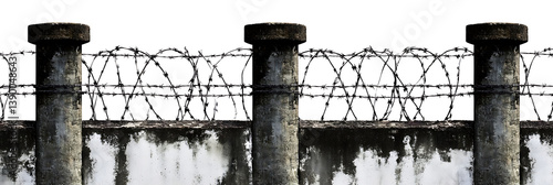 Concrete Wall With Barbwire Security Fence  on transparent background , png , cutout Detailed
