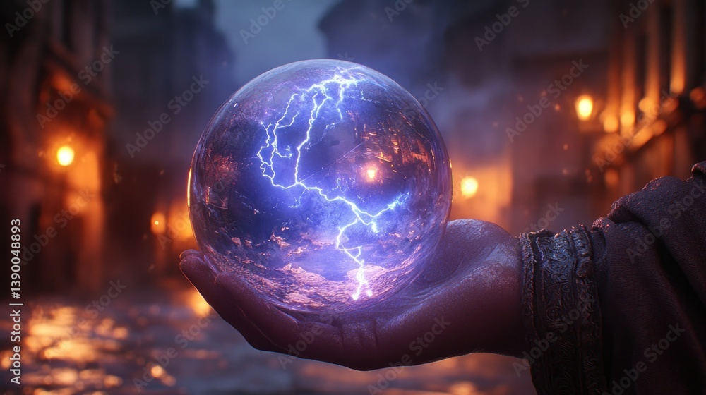 Fototapeta premium Mystical crystal ball glows with energy in a dark city street