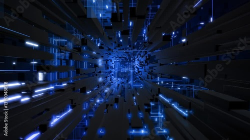 3d looped abstract background with data blocks. Information technology concept with data flow. Blue dark sci fi bg fly through hi tech digital space, neon light. Data flow in blockchain or bigdata.