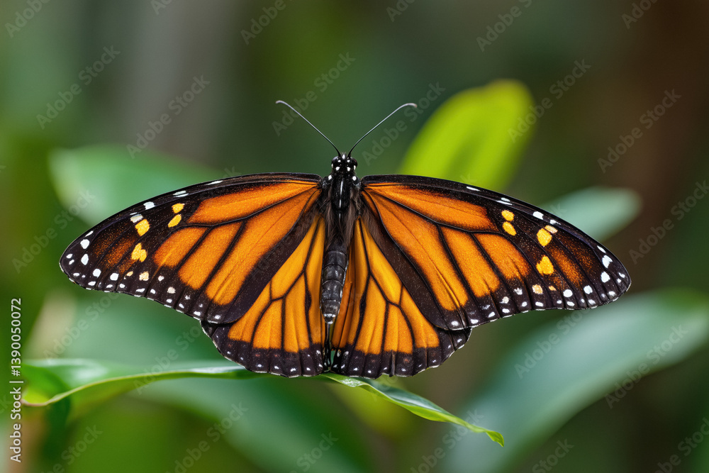 A monarch butterfly with vibrant orange and black wings, dotted with white, rests on a green leaf.