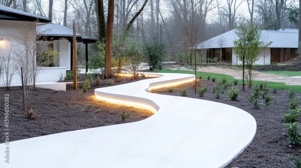 Winding pathway with outdoor lighting