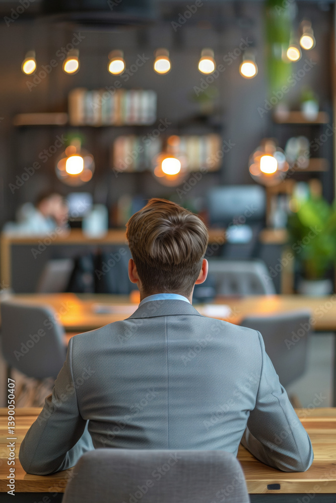Back view of a man in a gray suit sitting at a desk in a modern office with blurred background and warm lighting.