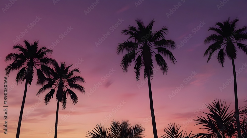 Fototapeta premium Multiple palm tree silhouettes at dusk with a gradient sky from pink to purple