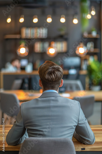 Back view of a man in a gray suit sitting at a desk in a modern office with blurred background and warm lighting.