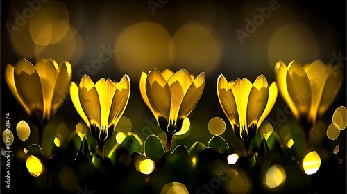 Beautiful yellow crocus flowers stand out against a dark background