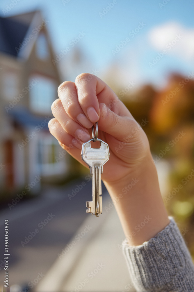 A hand holds a house key with a blurred house in the background, symbolizing home ownership.