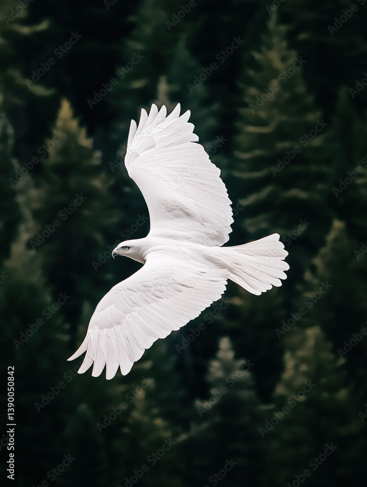 A majestic white hawk soars in flight against a dark green forest backdrop.