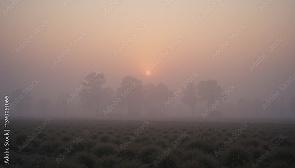 Fototapeta premium Misty dawn sunrise over fields serene landscape nature photography tranquil environment soft light peaceful atmosphere
