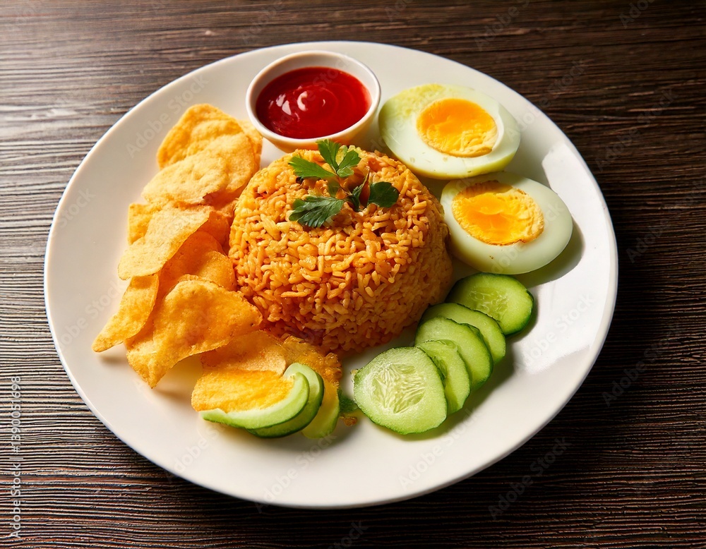 Indonesian fried rice served with fried egg, sliced cucumber, crackers and chili sauce, on a white plate, a traditional breakfast concept Indonesian fried rice served with fried egg, sliced cucumber, crackers and chili sauce, on a white plate, a traditional breakfast concept