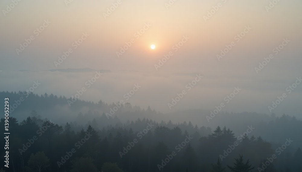 Obraz premium Serene sunrise over foggy forest landscape aerial photography natural environment tranquil viewpoint nature concept