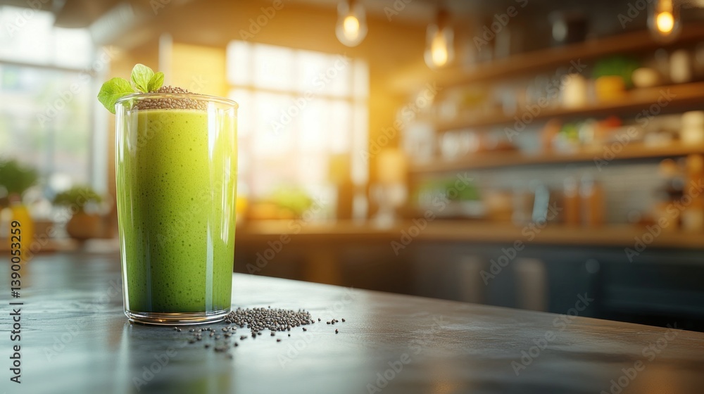 Green smoothie in glass, healthy drink, bright kitchen setting Green smoothie in glass, healthy drink, bright kitchen setting