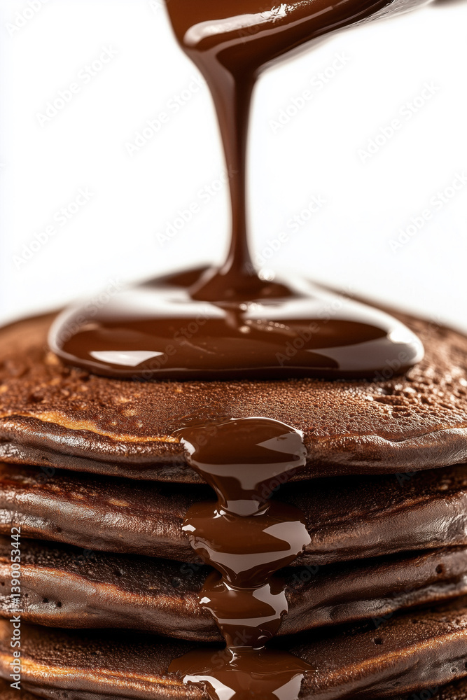 Chocolate syrup being poured onto a stack of rich, dark chocolate pancakes against a bright background.