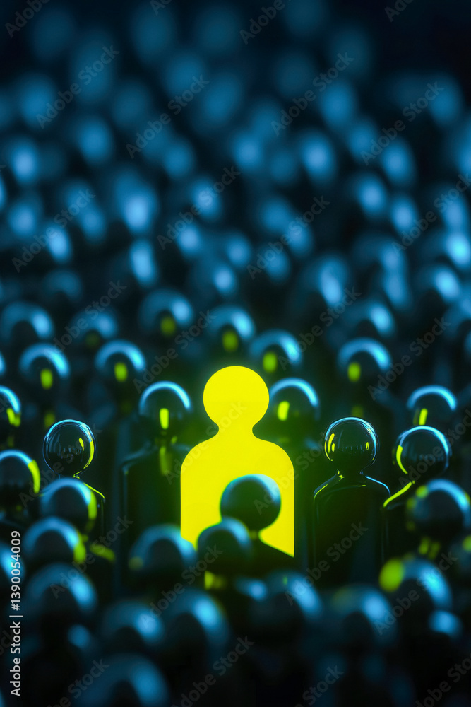 A bright yellow figure stands out in a crowd of dark, indistinct figures.